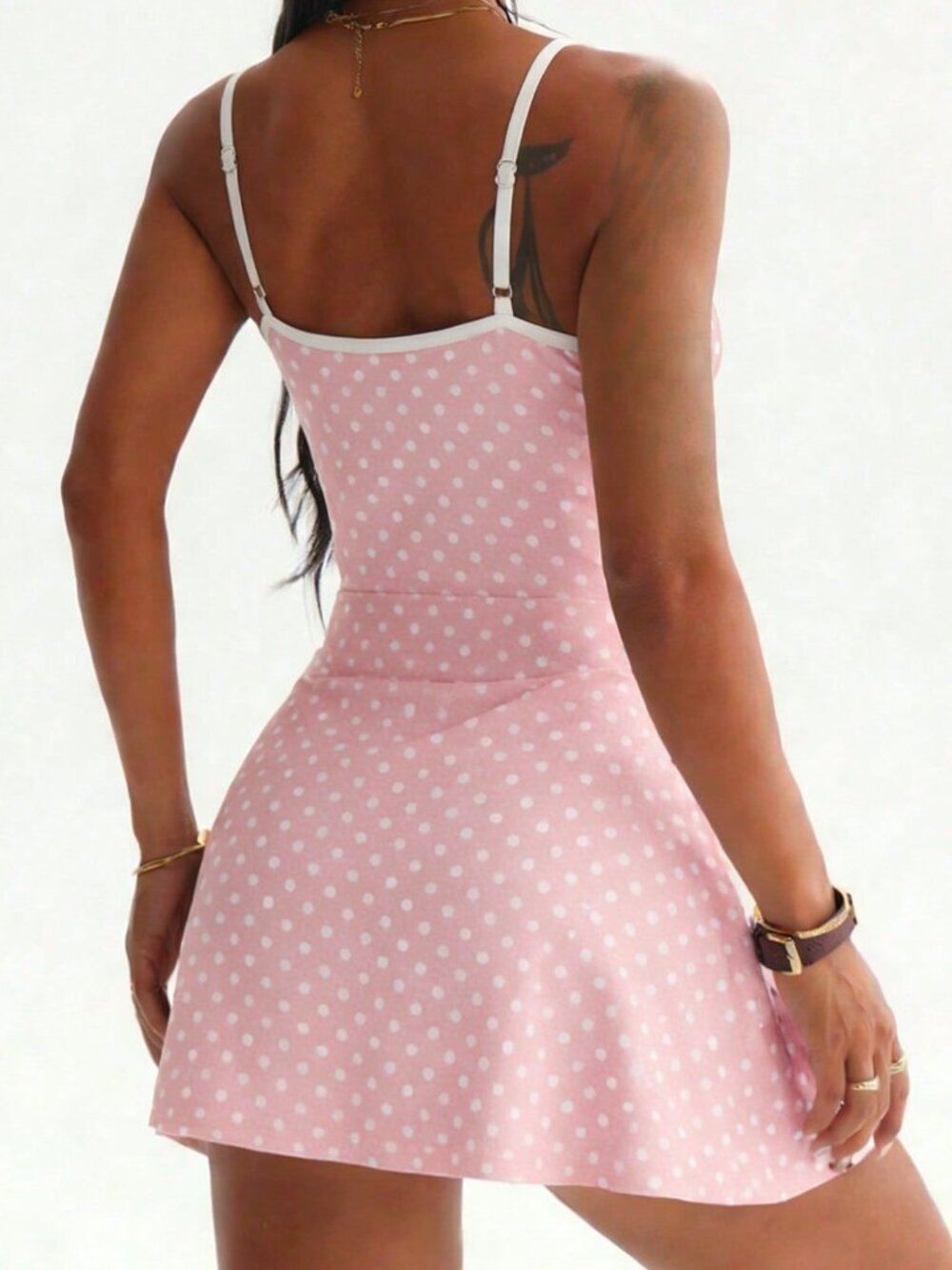 Pink Polka Dot Women's Golf Dress Spaghetti Straps Contrast Waistband Shorts - Picture 2 of 6
